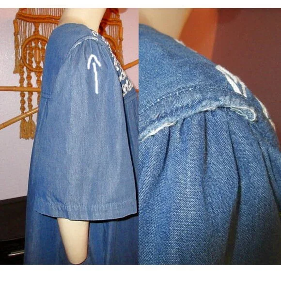Go Softly Denim Dress Size 3X Pockets Embroidered Tradwife Cottage House Casual - Picture 6 of 10